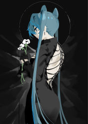 Rule 34 | absurdres, backless dress, backless outfit, black dress, black gloves, blue eyes, blue hair, closed mouth, dress, dripping, earrings, flower, gloves, half gloves, hatsune miku, highres, holding, holding flower, jewelry, long hair, mitsuki3s kir, original, pink lips, twintails, very long hair, vocaloid, white flower
