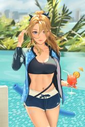 Rule 34 | absurdres, adidas, alternate costume, artist name, blonde hair, blue jacket, blue shorts, breasts, cleavage, contemporary, cross, cross earrings, cup, drink, earrings, genshin impact, hair over one eye, highres, holding, holding cup, jacket, jean (genshin impact), jewelry, logo parody, looking at viewer, lumiphi, medium breasts, midriff, navel, open clothes, open jacket, pool, short shorts, shorts, smile, solo