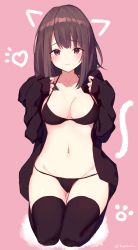 Rule 34 | 1girl, absurdres, bikini, black bikini, black jacket, black thighhighs, breasts, brown eyes, brown hair, cleavage, closed mouth, collarbone, drawn ears, drawn tail, frown, groin, halterneck, halterneck, heart, highres, jacket, kneeling, large breasts, long hair, long sleeves, looking at viewer, navel, no pants, open clothes, open jacket, original, pink background, solo, stomach, string bikini, swimsuit, thighhighs, thighs, tsuzaki tsunomi