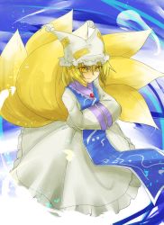 Rule 34 | 1girl, blonde hair, dress, fox tail, hands in opposite sleeves, hat, highres, kakao (noise-111), solo, tabard, tail, touhou, yakumo ran, yellow eyes