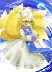 1girl blonde_hair dress fox_tail hands_in_opposite_sleeves hat highres kakao_(noise-111) mob_cap solo tabard tail touhou yakumo_ran yellow_eyes