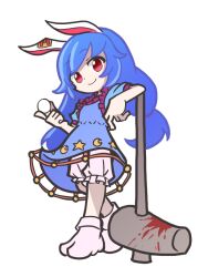 Rule 34 | 1girl, ambiguous red liquid, animal ears, bloomers, blue dress, blue hair, bobby socks, closed mouth, commentary, crescent, dot nose, dress, food, frilled dress, frills, full body, head tilt, holding, holding food, kine, long hair, looking at viewer, mallet, mochi, moon rabbit, ninja toes, no shoes, parody, puyopuyo, rabbit ears, rabbit girl, red eyes, seiran (touhou), shinmon akika, short sleeves, simple background, smile, socks, solo, standing, star (symbol), style parody, swept bangs, touhou, twintails, underwear, white background, white bloomers, white socks