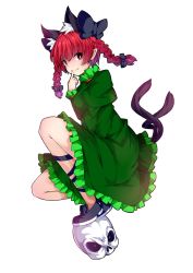 Rule 34 | 1girl, :q, animal ears, black bow, black footwear, bow, braid, cat ears, cat tail, dress, extra ears, finger to mouth, frilled dress, frills, from side, full body, green dress, hair bow, highres, ishimu, juliet sleeves, kaenbyou rin, kneeling, long sleeves, looking at viewer, looking to the side, multiple tails, pointy ears, puffy sleeves, red eyes, red hair, shoes, skull, smile, solo, tail, tongue, tongue out, touhou, twin braids, two tails