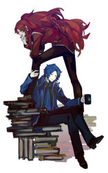 Rule 34 | 1boy, 1girl, ascot, black footwear, black pants, blue ascot, blue coat, blue hair, book, book stack, chesed (project moon), coat, cup, gebura (project moon), high ponytail, highres, holding, holding cup, library of ruina, long hair, long sleeves, low ponytail, mug, nishikujic, pants, project moon, red coat, red hair, shoes, simple background, sitting, sitting on book, very long hair, white background, yellow eyes