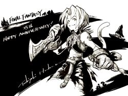 Rule 34 | 1boy, cowboy shot, cropped vest, dagger, dual wielding, fighting stance, final fantasy, final fantasy ix, gloves, greyscale, high contrast, highres, holding, holding dagger, holding knife, holding weapon, itahana toshiyuki, knife, looking at viewer, low ponytail, male focus, monkey tail, monochrome, parted bangs, shirt, short hair with long locks, sleeveless, sleeveless shirt, smile, solo, tail, vest, weapon, wrist cuffs, zidane tribal