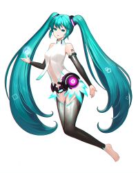 Rule 34 | 1girl, aqua eyes, aqua hair, bad id, bad pixiv id, bare shoulders, barefoot, bodysuit, cube, detached sleeves, feet, female focus, full body, hatsune miku, hatsune miku (append), long hair, looking at viewer, midriff, navel, phonic, simple background, solo, tattoo, thighs, twintails, very long hair, vocaloid, vocaloid append, white background