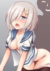 Rule 34 | 10s, 1girl, :o, bad id, bad pixiv id, blue eyes, blush, breasts, cleavage, clothed sex, doggystyle, grey background, hair over one eye, hamakaze (kancolle), highres, kantai collection, kapatarou, panties, panty pull, sex, sex from behind, silver hair, simple background, solo focus, underwear
