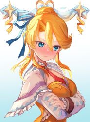 Rule 34 | 1girl, antenna hair, blonde hair, blue eyes, blush, breasts, cleavage cutout, clothing cutout, crossed arms, double-parted bangs, earrings, embarrassed, gradient background, hair between eyes, hair bun, hair ribbon, heart ribbon, highres, jewelry, large breasts, laxia (ys), necktie, ponytail, portrait, pout, ribbon, short sleeves, simple background, smile, solo, upper body, willfin, ys, ys viii lacrimosa of dana