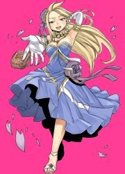 Rule 34 | 1girl, bag, blonde hair, blue dress, blue eyes, dress, earrings, elbow gloves, elheim (gate of nightmares), falling petals, full body, gate of nightmares, gloves, hair ornament, highres, jewelry, long hair, looking at viewer, mashima hiro, necklace, official art, open mouth, petals, sandals, shoulder bag, simple background, solo, teeth, transparent background, upper teeth only, white gloves