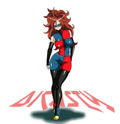 Rule 34 | 1girl, absurdres, android 21, blue eyes, breasts, brown hair, curly hair, detached sleeves, dicasty, dragon ball, dragon ball fighterz, earrings, glasses, highres, jewelry, large breasts, long hair, looking at viewer, nail polish, pantyhose, shiny clothes, smile, solo, standing