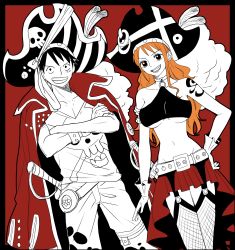 Rule 34 | 1boy, 1girl, absurdres, belt, black hair, breasts, cape, couple, gloves, hat, highres, large breasts, long hair, midriff, monkey d. luffy, nami (one piece), one piece, one piece film: red, orange hair, oshicpume, pirate, pirate hat, skirt, smile, sword, tattoo, underboob, weapon