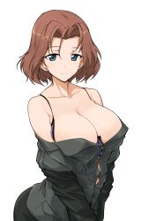 Rule 34 | 10s, 1girl, azumi (girls und panzer), bare shoulders, blue eyes, bra, breasts, brown hair, cleavage, collarbone, girls und panzer, halcon, highres, large breasts, looking at viewer, off shoulder, selection university military uniform, short hair, simple background, smile, solo, underwear, uniform, white background
