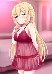 Rule 34 | 1girl, akai haato, aqua eyes, arm behind back, babydoll, bed, blonde hair, blurry, breasts, cleavage, cowboy shot, depth of field, finger to mouth, flo (guilty hearts), highres, hololive, large breasts, long hair, nail polish, navel, oppai loli, panties, red panties, see-through, smile, solo, underwear, virtual youtuber