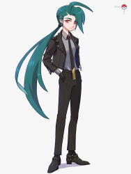 Rule 34 | 1girl, ahoge, black footwear, black gloves, black necktie, black pants, bright pupils, character name, closed mouth, collared shirt, commentary request, creatures (company), earrings, frown, full body, game freak, gloves, green hair, grey shirt, hand in pocket, high heels, highres, jacket, jewelry, long hair, mayuzumi, necktie, nintendo, open clothes, open jacket, orange eyes, pants, pokemon, pokemon sv, ponytail, rika (pokemon), shirt, solo, standing, stud earrings, twitter username, watermark, zipper, zipper pull tab