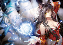 Rule 34 | 1girl, ahri (league of legends), animal ears, bare shoulders, black hair, breasts, cleavage, collarbone, fox ears, fox tail, gradient background, komecchi, korean clothes, league of legends, long hair, looking at viewer, magic, multiple tails, nail polish, solo, tail, yellow eyes