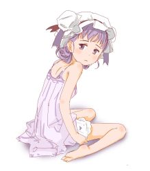 Rule 34 | 1girl, :&lt;, bare arms, bare legs, bare shoulders, barefoot, bloomers, camisole, closed mouth, digital (digital001), hat, highres, looking at viewer, patchouli knowledge, purple eyes, purple hair, simple background, sitting, sketch, solo, touhou, underwear, white background, white hat