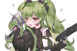 Rule 34 | 1girl, ?, bamyamsj, black gloves, black jacket, black neckwear, breasts, brown eyes, calico light weapons systems, calico m950, calico m950a, cheek pistol, commentary request, double-stack magazine, dual wielding, fingerless gloves, girls&#039; frontline, gloves, green hair, gun, hair between eyes, handgun, headgear, headset, helical magazine, high-capacity magazine, holding, holding gun, holding weapon, jacket, korean commentary, long hair, long sleeves, m950a (girls&#039; frontline), m950a (mod3) (girls&#039; frontline), machine pistol, medium breasts, mod3 (girls&#039; frontline), open clothes, open jacket, pistol, shirt, simple background, solo, twintails, upper body, weapon, white background, white shirt