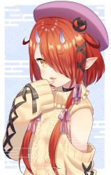 Rule 34 | 1girl, bare shoulders, beret, black choker, choker, commentary, hair ornament, hair over one eye, hairclip, hat, hoozuki warabe, horns, noripro, okanoyuno, one eye covered, oni, oni horns, open mouth, pointy ears, purple hat, red hair, solo, symbol-only commentary, virtual youtuber, yellow eyes