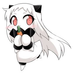 Rule 34 | 10s, 1girl, abyssal ship, blush, carrot, commentary request, covered mouth, dress, horns, kantai collection, long hair, mittens, northern ocean princess, simple background, sleeveless, sleeveless dress, solo, white background, white hair, yamato nadeshiko