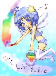Rule 34 | 1girl, blue background, blue eyes, blue hair, blue panties, blue shirt, blush, bow, breasts, bucket, collarbone, fairy, fairy wings, flying, hair ornament, holding, looking at viewer, midriff, navel, open mouth, paint, paintbrush, painting (action), panties, personification, pixiv-tan, rainbow, shirt, short hair, short sleeves, small breasts, smile, star (symbol), star hair ornament, striped clothes, striped panties, teeth, thighhighs, twintails, two-tone background, underwear, white background, white panties, white thighhighs, wings