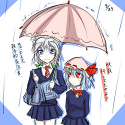 Rule 34 | 2girls, alternate costume, arms behind back, ascot, bag, blue eyes, blue hair, bow, braid, collared shirt, contemporary, dated, green bow, hair ribbon, hat, hat ribbon, height difference, holding, holding umbrella, homura (silver blaze), izayoi sakuya, light smile, long sleeves, looking at another, looking up, maid, maid headdress, multiple girls, necktie, outdoors, rain, red eyes, remilia scarlet, ribbon, school uniform, shirt, short hair, side braid, silver hair, simple background, skirt, standing, touhou, translation request, twin braids, two-tone background, umbrella
