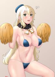 Rule 34 | absurdres, atago (kancolle), beret, bikini, blonde hair, blue bikini, blue hat, breasts, cleavage, fur collar, green eyes, hat, highres, holding, holding pom poms, jouzaburou (joe3), kantai collection, large breasts, long hair, looking away, micro bikini, military hat, navel, open mouth, pom pom (cheerleading), pom poms, simple background, solo, swimsuit, twitter username