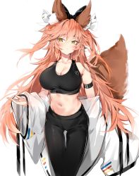 Rule 34 | 1girl, absurdres, alternate costume, animal ear fluff, animal ears, arm strap, bare shoulders, black bow, black pants, blush, bow, breasts, cleavage, closed mouth, coat, collarbone, commentary request, fate/grand order, fate (series), fox ears, fox girl, fox tail, hair bow, highres, large breasts, long hair, long sleeves, looking at viewer, navel, off shoulder, open clothes, open coat, pants, pink hair, silver (chenwen), sports bra, stomach, tail, tamamo (fate), tamamo no mae (fate/extra), thigh gap, track pants, very long hair, white coat, wide sleeves, yellow eyes