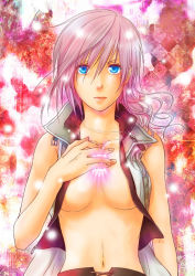 Rule 34 | 10s, 1girl, blue eyes, breasts, closed mouth, expressionless, final fantasy, final fantasy xiii, hand on own chest, lightning farron, looking at viewer, midriff, navel, pink hair, solo, stomach, underboob, upper body, yoshino tama