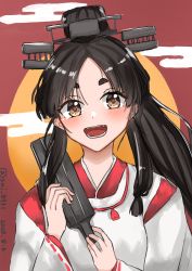 Rule 34 | 1girl, absurdres, black hair, brown eyes, commentary request, folding fan, hair tie, hand fan, high ponytail, highres, japanese clothes, kantai collection, long hair, looking at viewer, miko, multi-tied hair, nisshin (kancolle), one-hour drawing challenge, red ribbon, ribbon, short eyebrows, smile, solo, sun, sunset, tamako (sui 8931), teeth, thick eyebrows, upper body, very long hair