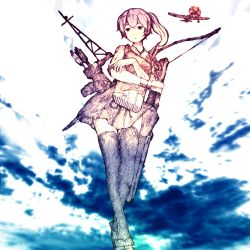 Rule 34 | 10s, 1girl, aircraft, airplane, armor, arrow (projectile), bow, bow (weapon), breastplate, dress, gloves, gurin33, hakama, hakama short skirt, hakama skirt, japanese clothes, kaga (kancolle), kantai collection, muneate, partially fingerless gloves, partly fingerless gloves, sandals, side ponytail, single glove, sketch, skirt, solo, thighhighs, weapon, yugake