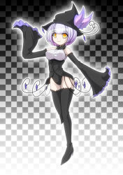Rule 34 | 10s, 1girl, bare shoulders, breasts, chandelure, creatures (company), crystal, detached sleeves, game freak, gen 5 pokemon, hat, high heels, nintendo, orange eyes, personification, pokemon, pokemon bw, purple hair, shiratsuki (royal moon), shoes, short hair, sleeves past wrists, smile, standing, standing on one leg, thighhighs