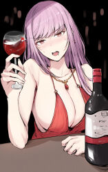 Rule 34 | 1girl, absurdres, blunt bangs, bottle, breasts, cleavage, cup, dress, drinking glass, earrings, gold necklace, highres, holding, holding cup, hololive, hololive english, jewelry, large breasts, looking at viewer, mori calliope, necklace, open mouth, pink hair, red dress, red eyes, sak1 01, sidelocks, single earring, sleeveless, sleeveless dress, virtual youtuber, wine bottle, wine glass
