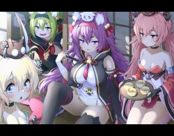 Rule 34 | 4girls, animal ear fluff, animal ears, azur lane, bandaged arm, bandages, bare shoulders, bell, black ribbon, blonde hair, blue eyes, blue ribbon, blush, breasts, capelet, choker, cleavage, closed mouth, collarbone, cup, detached sleeves, fang, fingerless gloves, folded fan, folding fan, fox ears, gloves, green eyes, green hair, green tea, grimace, hair bell, hair between eyes, hair ornament, hair ribbon, hairband, hamakaze (azur lane), hand fan, highres, holding, holding fan, holding tray, isokaze (azur lane), jitome, kneeling, large breasts, letterboxed, long hair, long sleeves, looking at another, looking at viewer, mosquito coil, multiple girls, open mouth, pink hair, porch, purple eyes, purple hair, red eyes, red ribbon, ribbon, seiza, shouji, sidelocks, sitting, sliding doors, small breasts, smile, tanikaze (azur lane), tatami, tayuura (kuwo), tea, teacup, teeth, thick eyebrows, thighhighs, thighs, tray, twintails, urakaze (azur lane), very long hair, wide sleeves