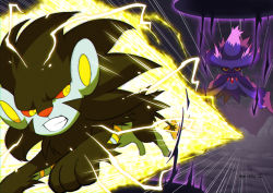 Rule 34 | :3, bad id, bad pixiv id, battle, clenched teeth, commentary request, creature, creatures (company), electricity, emphasis lines, floating, full body, game freak, gen 4 pokemon, ghost, highres, looking at another, luxray, mismagius, nintendo, no humans, pokemon, pokemon (creature), running, signature, teeth, yukari (yukari21653710)