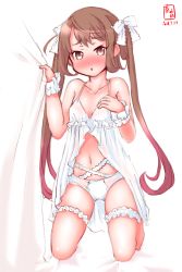 Rule 34 | 1girl, asagumo (kancolle), babydoll, brown hair, commentary request, dated, frilled ribbon, frills, full body, hair ribbon, highres, kanon (kurogane knights), kantai collection, kneeling, lingerie, logo, long hair, panties, ribbon, scrunchie, grey eyes, simple background, solo, twintails, underwear, white background, white panties, white ribbon, wrist scrunchie