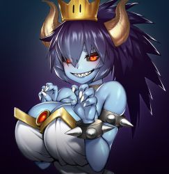 Rule 34 | 1girl, alternate color, alternate hair color, alternate skin color, armlet, bad id, bad twitter id, black sclera, blue background, blue skin, blush, bowsette, bracelet, breasts, brooch, claws, cleavage, colored sclera, colored skin, crown, dark bowser, dress, eyes visible through hair, female focus, grin, highres, horns, huge breasts, jewelry, looking at viewer, mario &amp; luigi: bowser&#039;s inside story, mario &amp; luigi rpg, mario (series), monster girl, new super mario bros. u deluxe, nintendo, ponytail, purusawa, red eyes, sharp teeth, slit pupils, smile, solo, spiked armlet, spiked bracelet, spikes, strapless, strapless dress, super crown, teeth