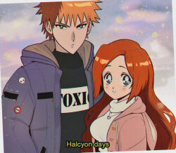 1990s_(style) 1boy 1girl :/ :d alternate_costume black_shirt bleach blush brown_hair buttons casual clothes_writing commentary day english_commentary english_text grey_eyes hair_between_eyes heart heart_button heart_necklace hood hood_down hooded_jacket hoodie inoue_orihime jacket jewelry kurosaki_ichigo long_hair looking_at_viewer necklace open_clothes open_hoodie open_jacket open_mouth outdoors parted_bangs pink_hoodie retro_artstyle rozuberry sanpaku shirt short_hair smile solo spiked_hair tareme tsurime turtleneck upper_body v-shaped_eyebrows winter_clothes