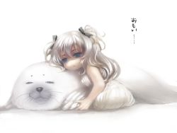 Rule 34 | 1girl, :&lt;, animal, bare shoulders, blue eyes, bow, child, dress, closed eyes, hair bow, highres, looking at viewer, looking back, nicole pmonachi, no nose, original, seal (animal), sleeping, sleeveless, text focus, two side up, white background, white dress, white hair, white theme
