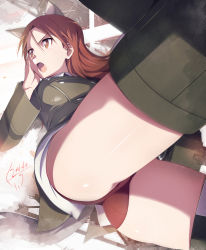 Rule 34 | 1girl, animal ears, ass, brown hair, buttons, dated, dog ears, dog tail, double-breasted, dutch angle, highres, jet yowatari, long hair, minna-dietlinde wilcke, open mouth, panties, red eyes, red hair, red panties, solo, strike witches, striker unit, tail, thighs, underwear, world witches series