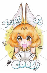 Rule 34 | 10s, 1girl, :3, :d, animal ears, blonde hair, blush, bow, bowtie, clenched hands, commentary, emphasis lines, english text, fangs, hair between eyes, highres, isaki tanaka, kemono friends, looking at viewer, open mouth, serval (kemono friends), serval print, signature, smile, solo, sparkle, upper body