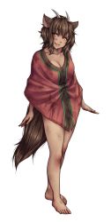 Rule 34 | 1girl, animal ears, barefoot, breasts, brown hair, chupacabra, cleavage, dark skin, dark-skinned female, dirty, dirty feet, fang, full body, highres, horns, large breasts, monorus, monster girl, naked poncho, orange eyes, original, personification, poncho, short hair, smile, solo, standing, tail, toes, white background