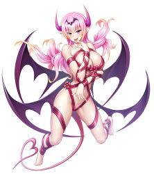 Rule 34 | 1girl, asahi, barefoot, breast press, breasts, colored skin, curvy, demon girl, demon wings, full body, gradient hair, highres, horns, large breasts, lilith-soft, long hair, mireille (taimanin asagi), multicolored hair, naked ribbon, naughty face, nervous smile, nude, pink hair, pink horns, purple eyes, ribbon, seductive smile, shiny skin, simple background, smile, solo, tail, taimanin (series), taimanin rpgx, very long hair, white background, white skin, wings