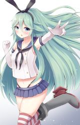 Rule 34 | 1girl, artist request, black panties, blue eyes, blue skirt, blush, collarbone, cosplay, elbow gloves, eyebrows, eyelashes, gloves, green hair, hair between eyes, highres, kantai collection, long hair, looking at viewer, miniskirt, navel, neck ribbon, open mouth, outstretched arm, panties, ribbon, rudder footwear, shimakaze (kancolle), shimakaze (kancolle) (cosplay), shiny skin, simple background, skirt, solo, striped clothes, striped thighhighs, thighhighs, thighs, underwear, uniform, white gloves, yamakaze (kancolle)