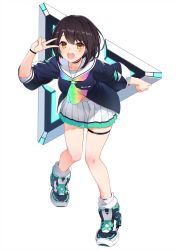Rule 34 | 1girl, black choker, black hair, blue footwear, blue jacket, blush, choker, collarbone, commentary, floating, floating object, full body, highres, izumi sai, jacket, legband, looking at viewer, loose socks, miniskirt, official art, open mouth, pictoria, pleated skirt, rainbow neckwear, round teeth, see-through, shoes, short hair, short sleeves, simple background, skirt, smile, socks, solo, teeth, thigh strap, thighs, towa kiseki, triangle, v over eye, virtual youtuber, white background, white skirt, yellow eyes