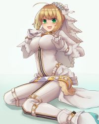 Rule 34 | 1girl, :d, absurdres, ahoge, blonde hair, bodysuit, boots, breasts, fate/extra, fate/extra ccc, fate (series), flower, gloves, green eyes, hair flower, hair ornament, head wreath, highres, large breasts, nameko houshi, nero claudius (bride) (fate), nero claudius (fate), nero claudius (fate) (all), open mouth, sidelocks, simple background, sitting, smile, solo, white background, white bodysuit, white flower, white footwear, white gloves