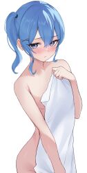Rule 34 | 1girl, armpit crease, blue eyes, blue hair, blush, breasts, closed mouth, cowboy shot, fawny, groin, hair between eyes, hair ornament, highres, holding, holding towel, hololive, hoshimachi suisei, looking at viewer, medium breasts, modesty cover, naked towel, short hair, side ponytail, sidelocks, simple background, solo, towel, virtual youtuber, white background, white towel, x hair ornament