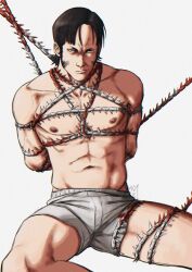 Rule 34 | 1boy, abs, absurdres, arms behind back, bara, bdsm, black hair, blood, bondage, bound, boxers, bulge, chain, chainsaw man, feet out of frame, frown, highres, katana man (chainsaw man), long sideburns, looking at viewer, male focus, male underwear, navel, nipples, parted bangs, pectorals, short hair, sideburns, sitting, smokerichi, solo, spread legs, stomach, thighs, toned, toned male, topless male, underwear, white male underwear
