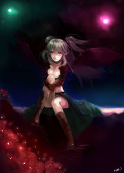 Rule 34 | 1girl, bad id, bad pixiv id, bat wings, boots, breasts, choker, cleavage, collarbone, flower, gloves, grey hair, knee boots, hugging own legs, midriff, night, nobusnow, original, pointy ears, red eyes, red flower, red rose, rose, sitting, skirt, sky, solo, star (sky), starry sky, twintails, two side up, wings