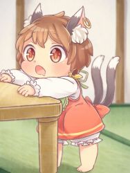 Rule 34 | 1girl, animal, animal ears, barefoot, brown eyes, brown hair, cat, cat ears, cat tail, chen, drooling, earrings, ibaraki natou, jewelry, long sleeves, multiple tails, nekomata, open mouth, short hair, single earring, solo, table, tail, touhou, two tails, aged down