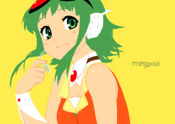 Rule 34 | 1girl, bad id, bad pixiv id, female focus, flat color, goggles, goggles on head, green eyes, green hair, gumi, headphones, headset, kaito (k4itoh), matching hair/eyes, no lineart, portrait, red-tinted eyewear, short hair, simple background, smile, solo, tinted eyewear, vocaloid